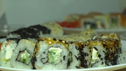 Sushi and sauce to the table Stock Footage 87669040