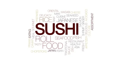 Sushi animated word cloud, text design animation. Kinetic typography. Stock Footage 80216567