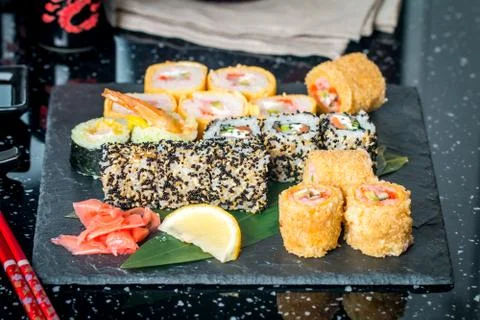 Sushi assorted on the table Stock Photos