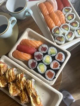 Sushi assortment table Stock Photos