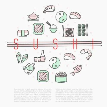Sushi bar circle concept with thin line icons for menu of cafe or restaurant. Stock Illustration