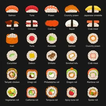 Sushi bar menu vector illustration. Sushi, sashimi, sushi rolls set. Stock Illustration