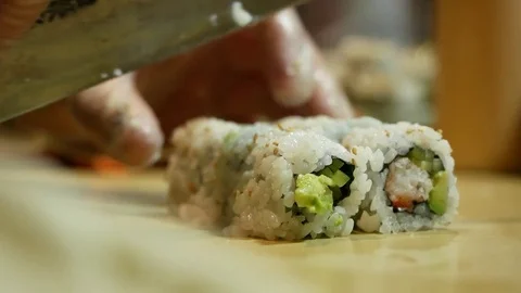 Sushi being cut Stock Footage 82310482