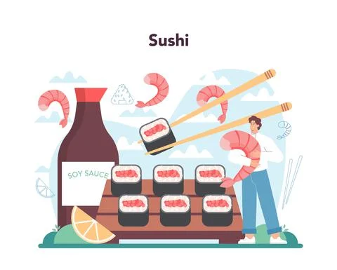 Sushi chef concept. Restaurant chef cooking rolls and sushi. Stock Illustration