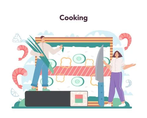 Sushi chef concept. Restaurant chef cooking rolls and sushi. Stock Illustration