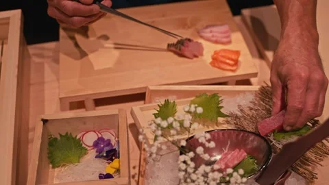 Sushi Chef Prepares Fresh Fish and Wasabi At High End Restaurant Travel Stock Footage 280507820