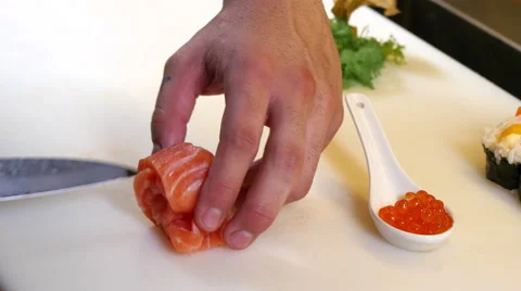 Sushi Chef Preparing Salmon and Roes Sashimi Flower Stock Footage 52667820