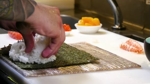Sushi Chef Preparing Salmon Peach Futomaki Roll Stock-Footage 52668165