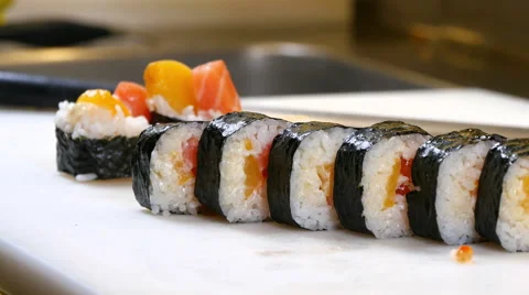 Sushi Chef Presenting Salmon Peach Futomaki Roll Stock Footage 52633757