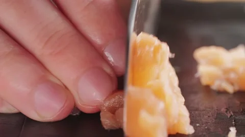 Sushi Chef Slices fresh Raw Salmon on professional kitchen, close up. Chef Stock Footage 238528095