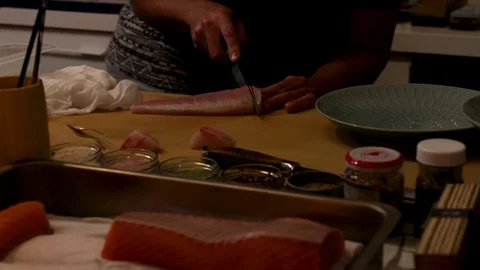 Sushi chef slicing Yellow-tail Stock Footage 105620984