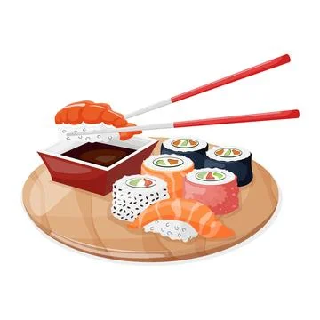 Sushi.A colorful set of different types of sushi on a bamboo tray, chopsticks Stock Illustration