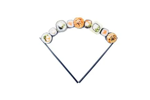Sushi. Composition of assorted sushi rolls with chopsticks, isolated in white Stock Photos