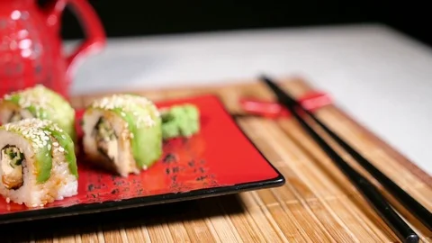 Sushi Composition On Plate With Ginger And Sticks Stock-Footage 70216283