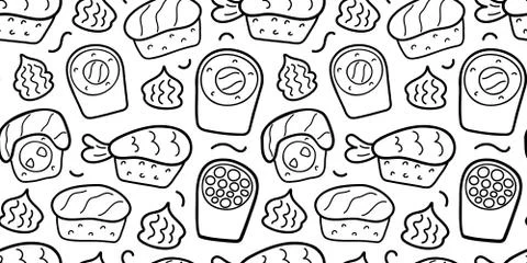 Sushi doodle pattern, linear hand drawn illustration, vector ornament for Stock Illustration