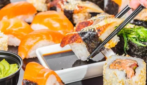 Sushi with eel in soy sauce Stock Photos