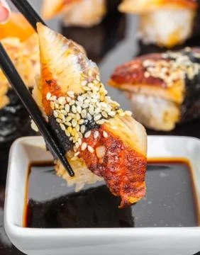 Sushi with eel in soy sauce Stock Photos