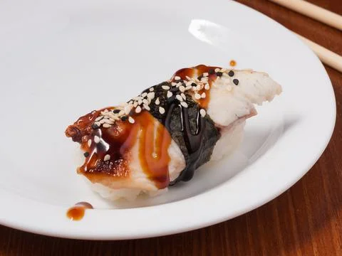 Sushi with eel on a white plate. close up Foto stock