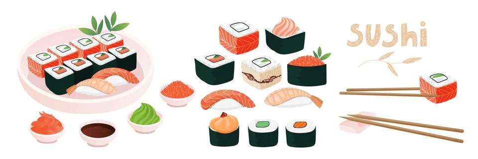 Sushi elements big set. Different types of sushi and rolls collection. Stock Illustration