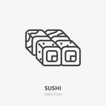 Sushi flat line icon. Vector thin sign of japanese fast food cafe logo. Rolls Illustrazione stock