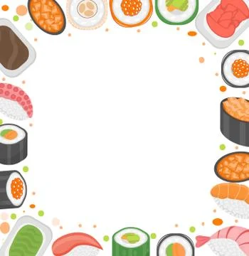 Sushi frame template with space for text. Japanese cuisine isolated on white Stock Illustration