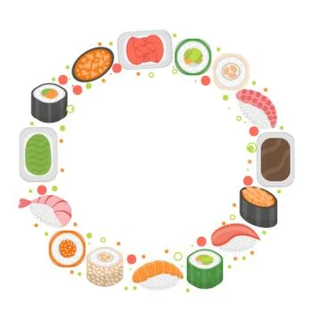 Sushi frame template with space for text. Japanese cuisine isolated on white Stock Illustration