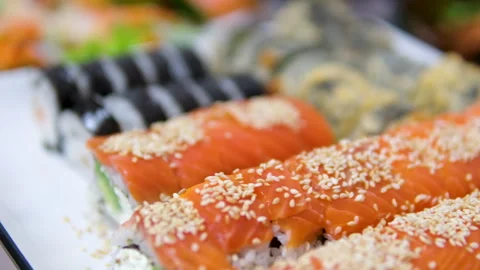 Sushi fried rolls red fish Crayfish, Crawfish closeup. Red boiled crayfish with Stock Footage 302109182