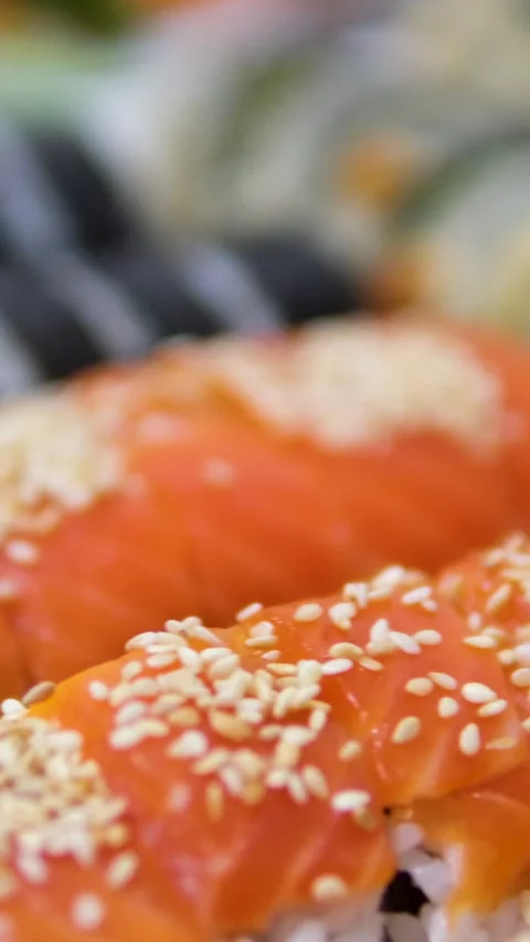 Sushi fried rolls red fish Crayfish, Crawfish closeup. Red boiled crayfish with Stock Footage 302182956