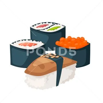 Sushi japanese cuisine traditional food flat healthy gourmet icons asia meal Stock Illustration