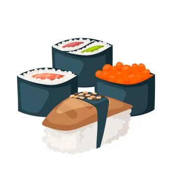 Sushi japanese cuisine traditional food flat healthy gourmet icons asia meal Stock Illustration