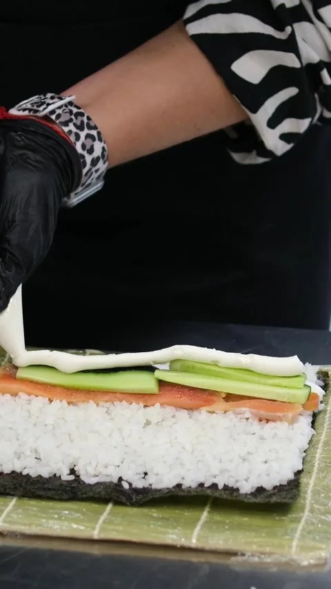 Sushi making process Master class. Step by step Video set male chef makes sushi Stock Footage 282079277