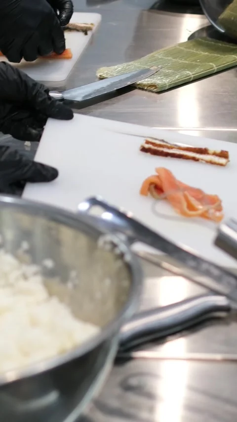 Sushi making process Master class. Step by step Video set male chef makes sushi Stock Footage 282080176