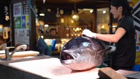 Sushi master is demonstrating during tuna cutting session at Marina City Stock Footage 99629500