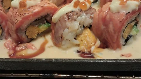 Sushi Meat Rolls Grilling Close Up Video stock 335205811