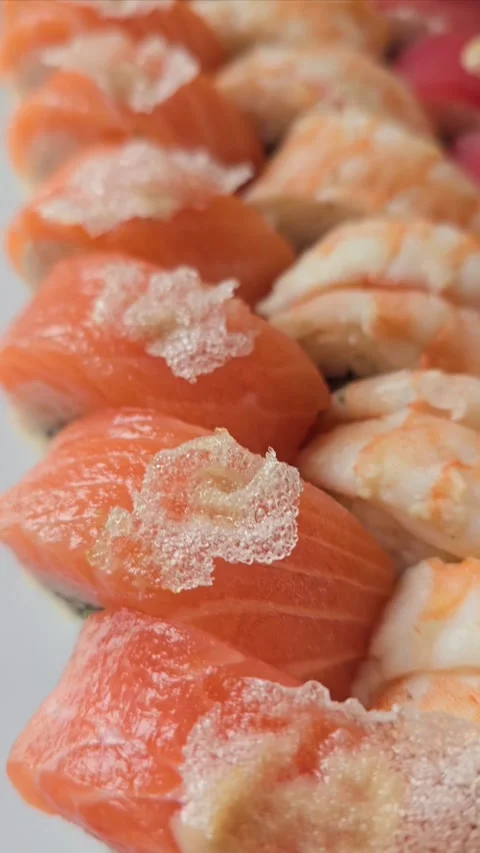 Sushi menu development. Various sushi and nigiri in the process of shooting. Stock Footage 285948695