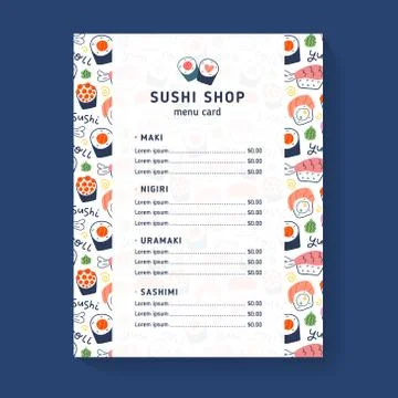 Sushi menu, vector template for sushi shop, cafe or restaurant, menu card layout Stock Illustration