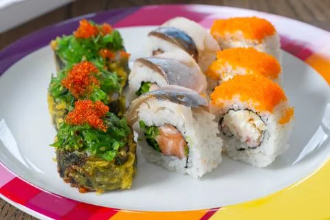 Sushi mixed set with different fish, seaweed and caviar. Restaurant home food Stock Photos