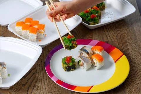 Sushi mixed set with different fish, seaweed and caviar. Restaurant home food Foto stock