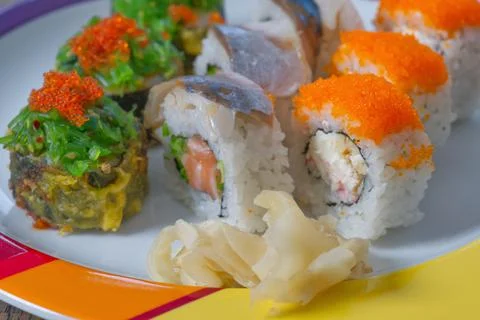 Sushi mixed set with different fish, seaweed and caviar. Restaurant home food Stock Photos