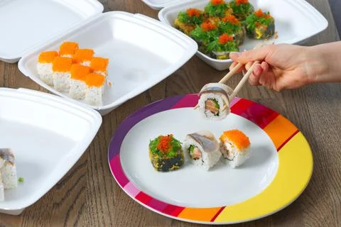 Sushi mixed set with different fish, seaweed and caviar. Restaurant home food Stock Photos