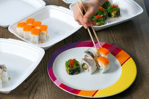 Sushi mixed set with different fish, seaweed and caviar. Restaurant home food Stock Photos