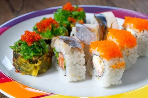 Sushi mixed set with different fish, seaweed and caviar. Restaurant home food Stock Photos