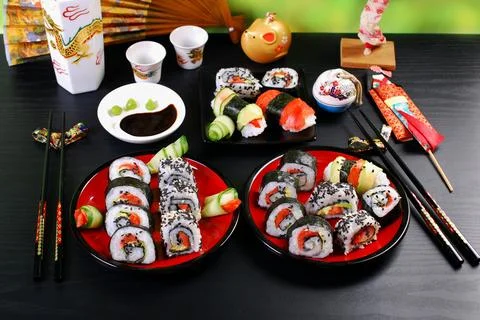 Sushi party table Stock Photos