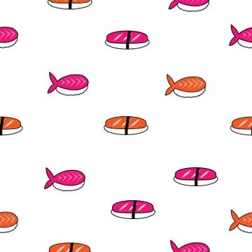 .Sushi pattern with fish and rice. For textile, background or wrapping paper. Stock Illustration