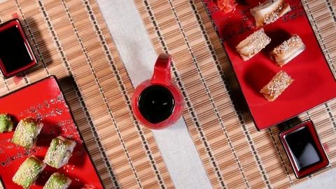 Sushi On The Plates For Two Persons Stock-Footage 70737603