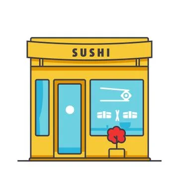 Sushi restaurant building flat line illustration, concept vector isolated ico Ilustración de archivo