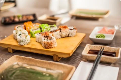 Sushi at a restaurant medium close Stock Photos