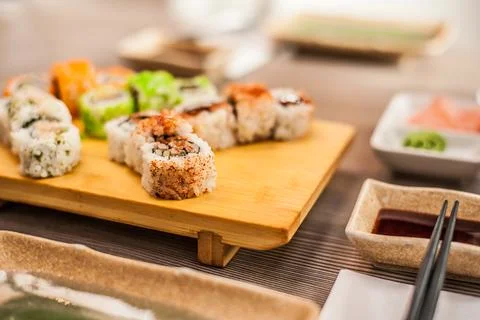 Sushi at a restaurant medium close Stock Photos