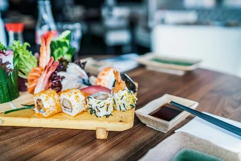 Sushi at a restaurant medium close Stock Photos