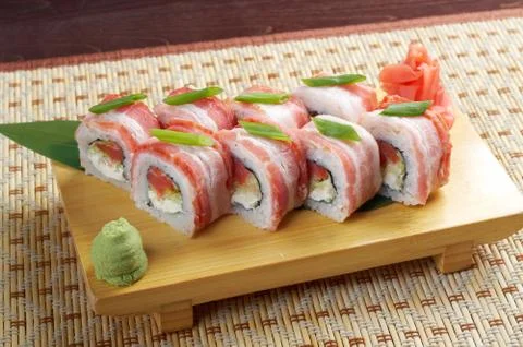 Sushi roll with  bacon Stock Photos